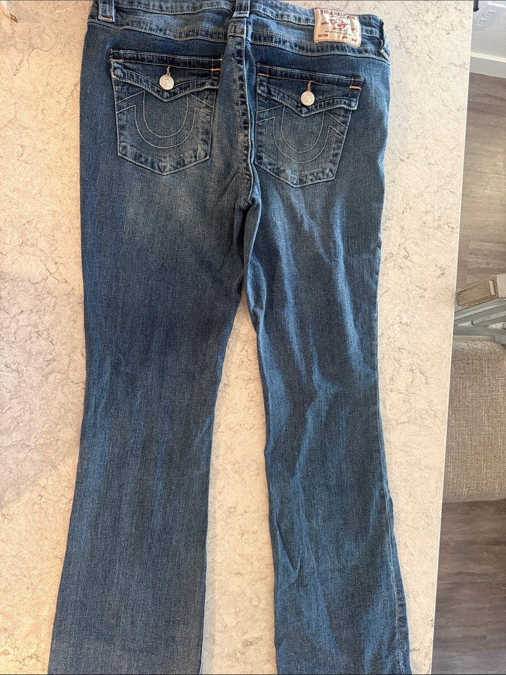 True Religion Women's Dark Blue Bootcut Jeans with Signature Back Pockets